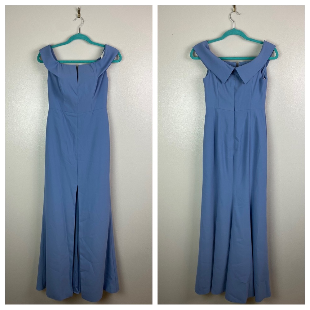 NWT Dessy Collection | Off the Shoulder Notch Trumpet Gown w/ Slit Blue 4